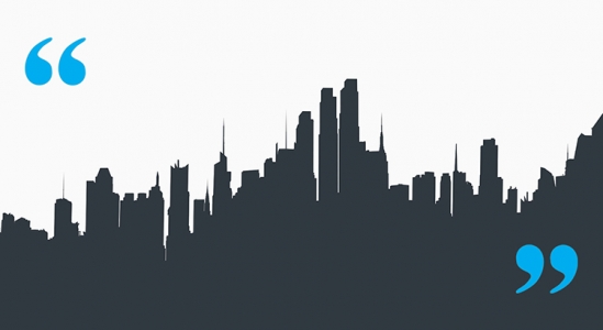City skyline silhouette with blue quotation marks.